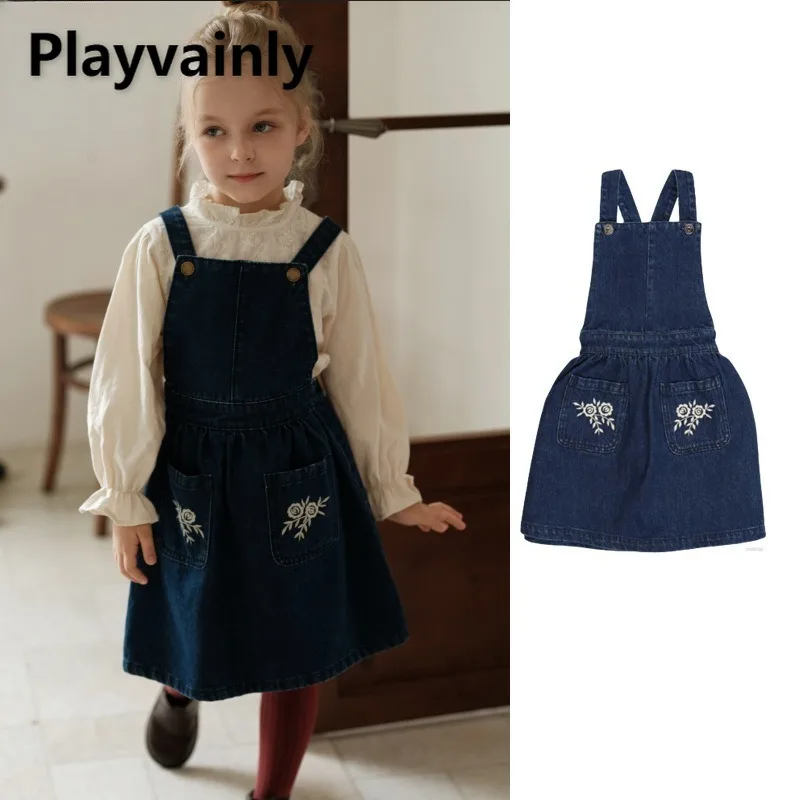 

2025 New Autumn Winter Girls Fashion Versatile Denim Dress Dark Blue Floral Embroidery Straps Skirt Children Clothes W5144