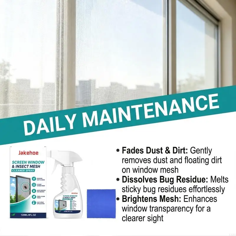 Window Screen Cleaner Mist in a 120mL Plastic Press Bottle with Cleaning Cloth for Dust, Grime, and Surfaces Residues on KXRE