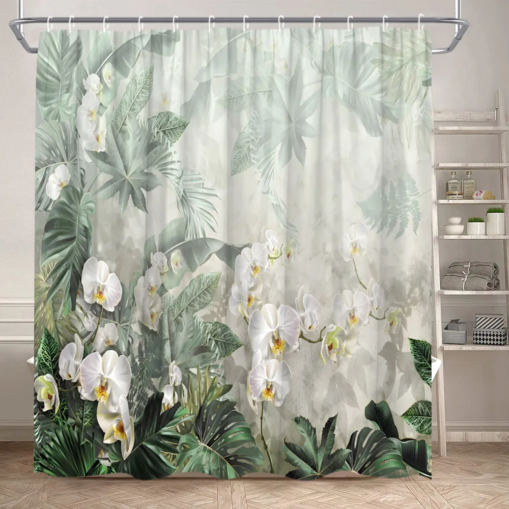 

Greenery Shower Curtain Watercolor Spring Farm Flower Tropical Plants Palm Leaves Butterflies Polyester Plant Bathroom Decor Set