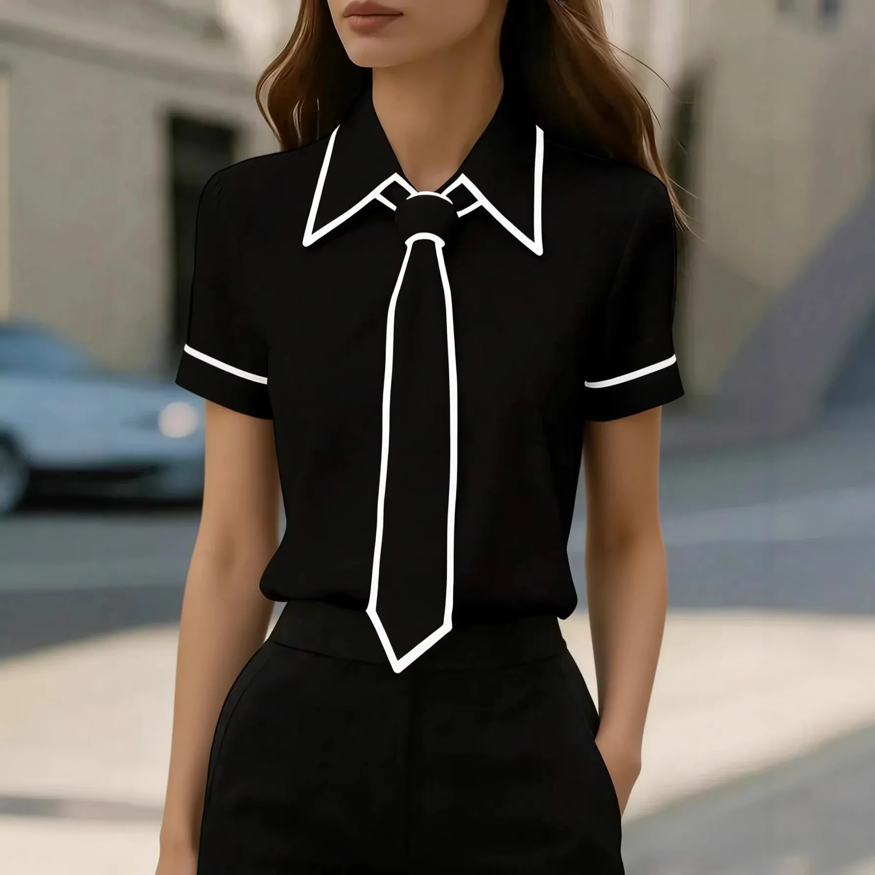 

Casual Short Sleeve Loose Tops For Women Summer 2026 Fashion Turn-down Collar Patchwork Blouses Shirts With Tie