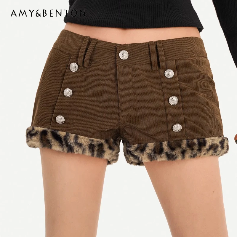 ヴィンテージデザインヒョウ柄ぬいぐるみスプライシングコーデュロイ女性のショーツ秋冬甘いクールローウエストストレートホットパンツレディース