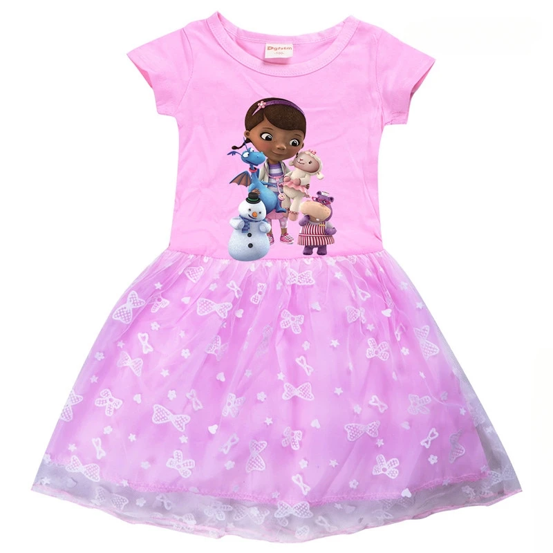 Disney Doc McStuffins Summer Girls Dresses Kids Cotton T-shirt with Lace Gauze Mesh Dress Children Clothing Birthday Party Gift