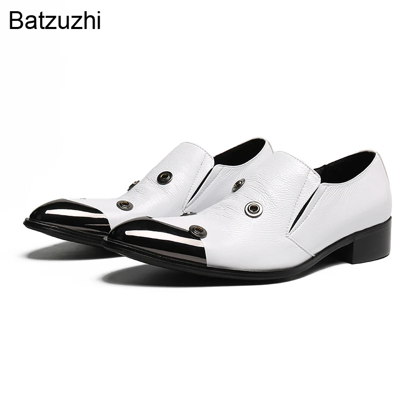 

Batzuzhi New Handmade Men's Shoes Simple Metal Toe Leather Dress Shoes Men Fashion Holes Decoration White Party/Wedding Shoes!