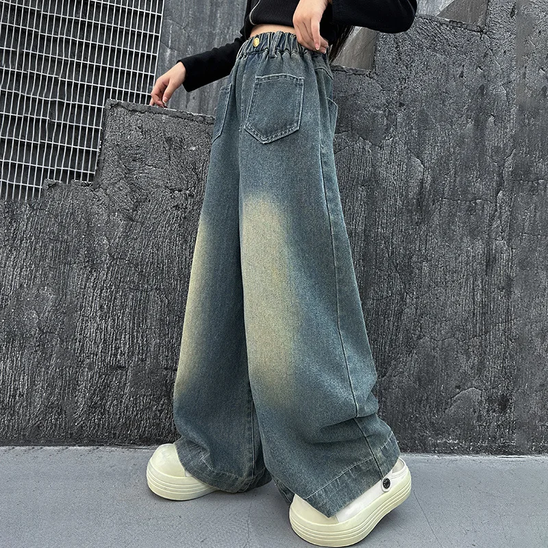 Girls Jeans Children\'s Clothing Spring Autumn Teenager Kids Denim Pants 8 10 12 13 14 Years Wide-leg Trousers School Girls Jeans
