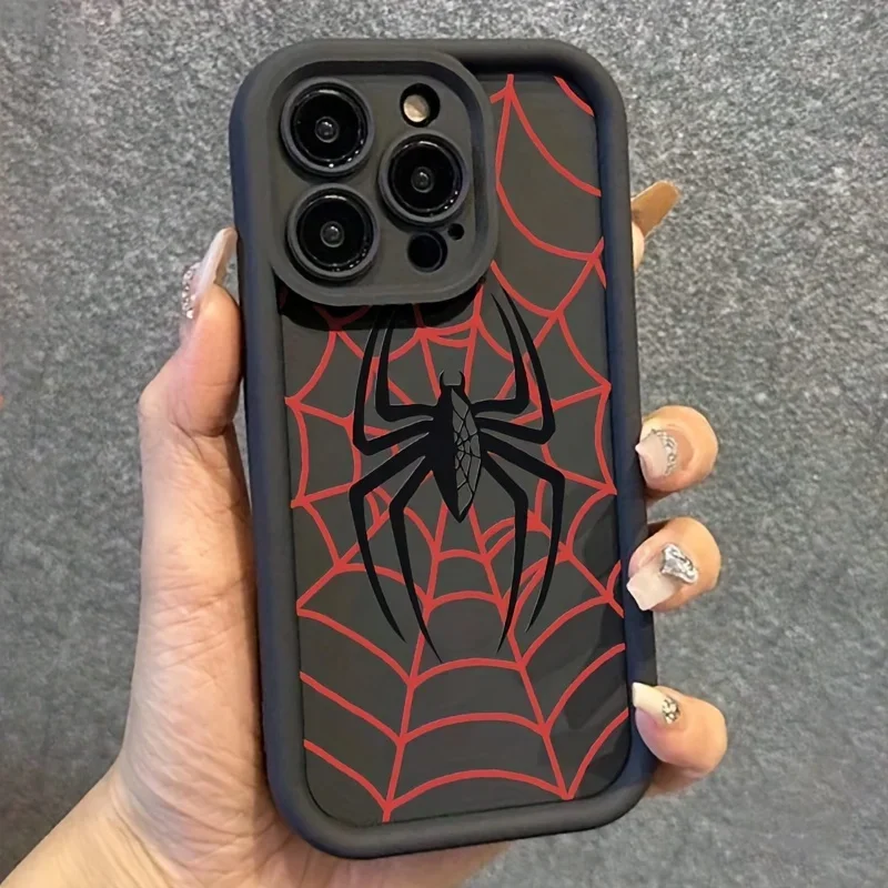 Black web and red spider patterns phone case for iPhone 16 15 14 13 12 11 Pro/ Max/Plus shock-proof rear cover anti-fingerprint