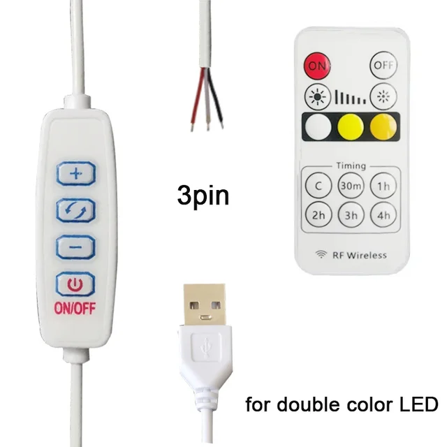 Ściemniacz LED DC 5V, kabel USB 1.5m z włącznikiem, sterowanie zdalne, 2-pinowy/3-pinowy przewód przedłużający do pojedynczych, dwu- lub trójkolorowych lamp LED CCT.