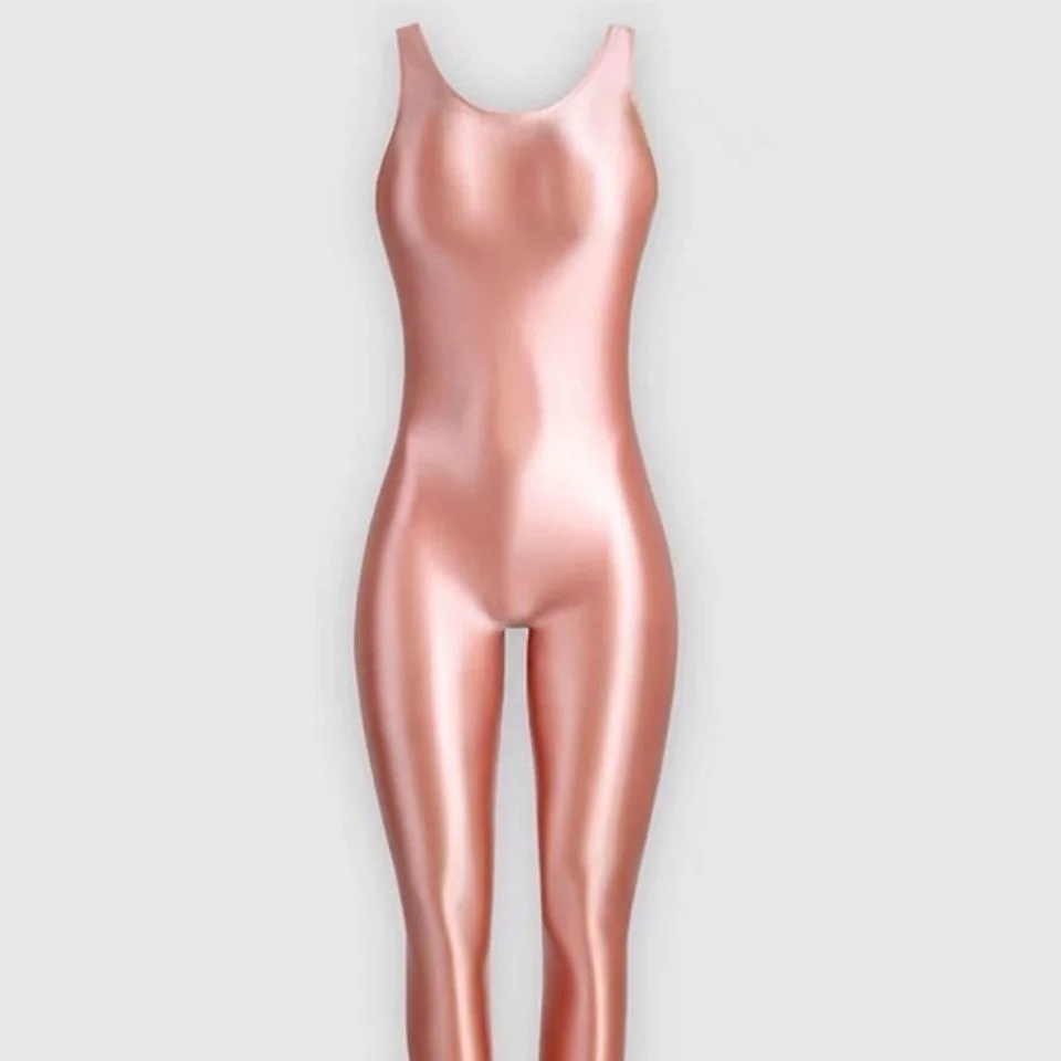 Sexy Open Crotch Women Glossy Jumpsuit Step on foot Sleeveless Sport Plus Size Romper Tight Satin Costume