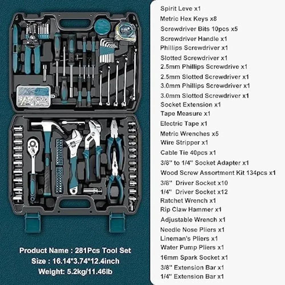 For Home Tool Kit 281-PCs - Protable Complete Basic Repair General Hand Tool Sets for Men Women - . Tool Set with Socket