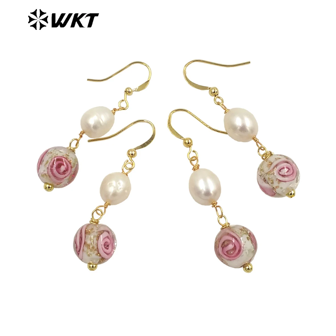 WT-MPE098 Wholesale fashion gold plated wire wrapped Natural freshwater Pearl long flower beads Earrings Gorgeous charm earrings