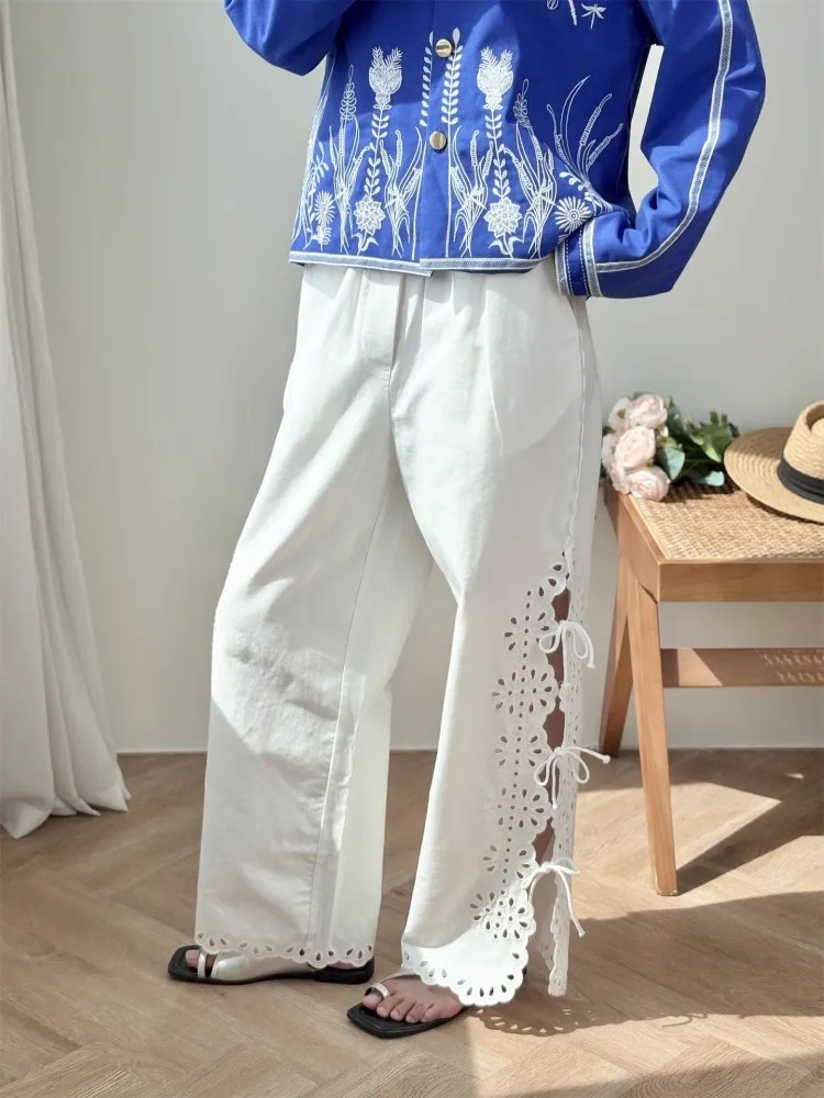 Designer Casual Women Pants Loose Fit Laced Up Hollow Out Embroidery Elasitc High Waist Hawaii Solid Comfortable Wide Leg Pants
