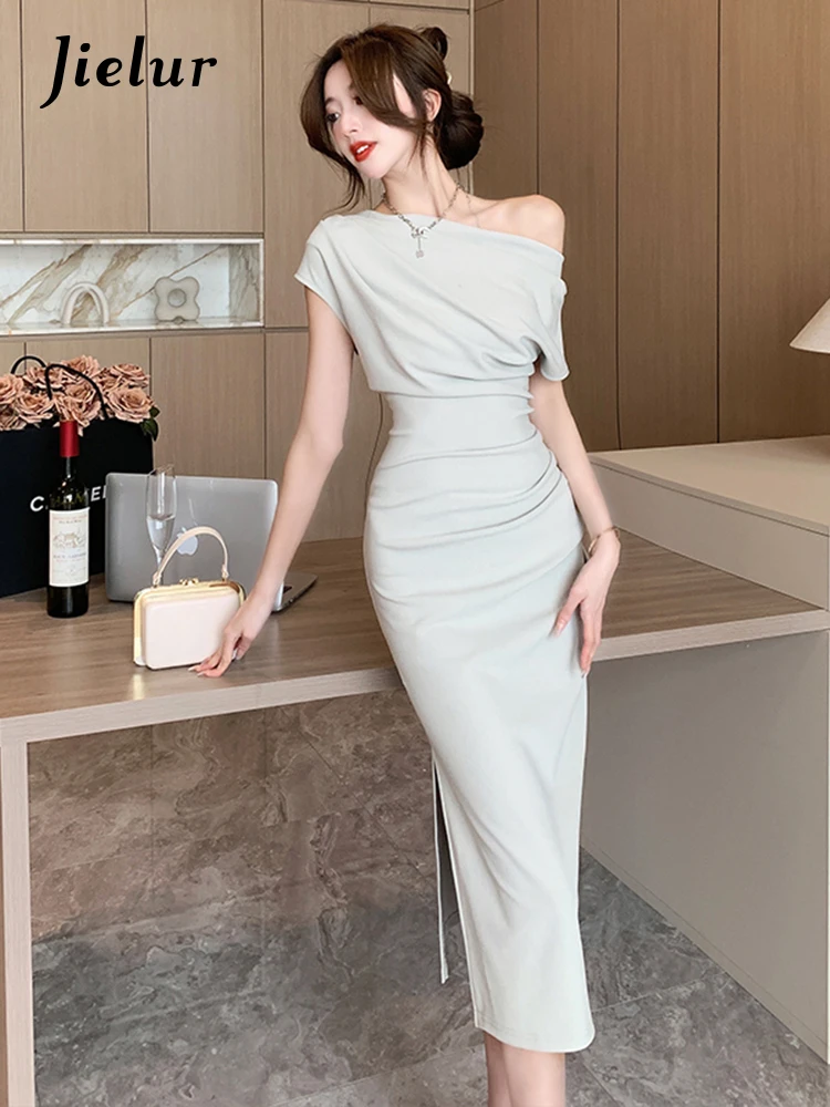 

Jielur Inclined Shoulder Swinging Collar Pure Color Irregular Female Dresses Elegant Slim Waist Tight Hip Pleated Summer Dress