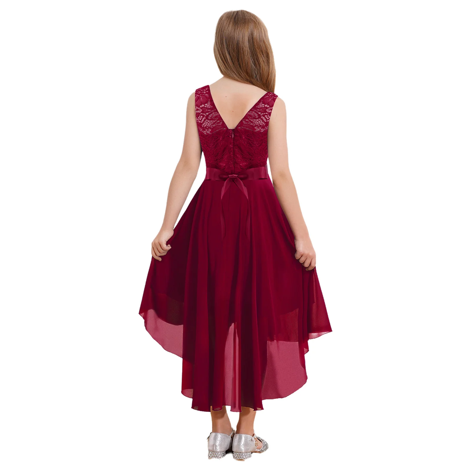 Lace Flower Girls Dress Summer Sleeeveless High Low Chiffon Princess Dress for Elegant Evening Party First Communion Bridesmaid