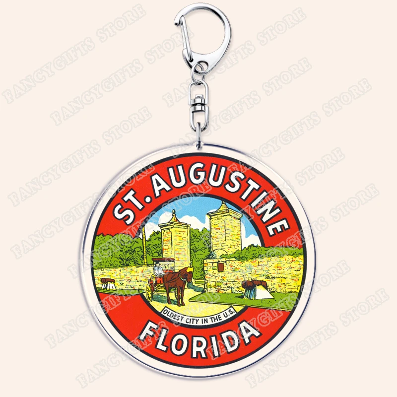 90s Vintage Florida Luggage Label Keychain for Woman Accessories Retro Old School Palm Trees Keyring Jewelry Fans Friends Gifts
