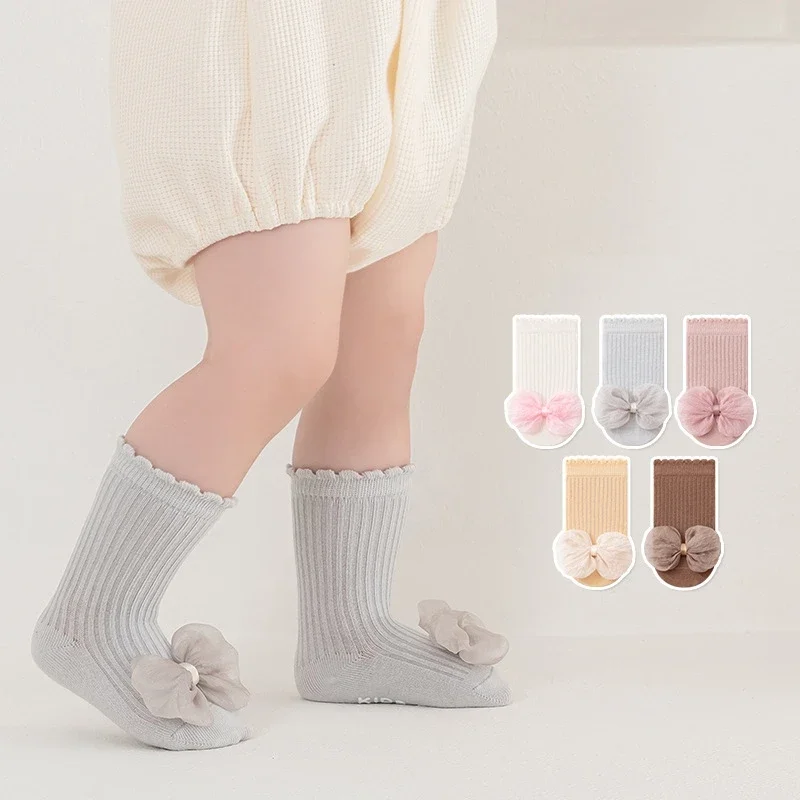 

Домашние повседневные носки для маленьких девочек, противоскользящие носки с кружевным бантом для младенцев, длинные носки принцессы для новорожденных, детская напольная обувь