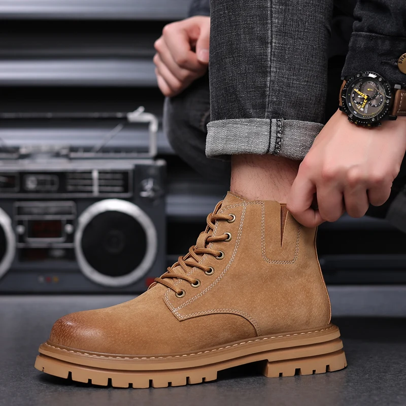 New Maden Men Anti-slip Boots Winter Retro Cow Suede Tooling Boots Wearable Handmade Desert Shoelac Boots Motorcycle Ankle Shoes