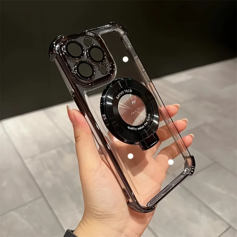 Luxury Magnetic Plating Stand Shockproof Clear Case  For iPhone 17 16 15 14 13 12 11 Pro Max Plus Shockproof Acrylic Back Cover