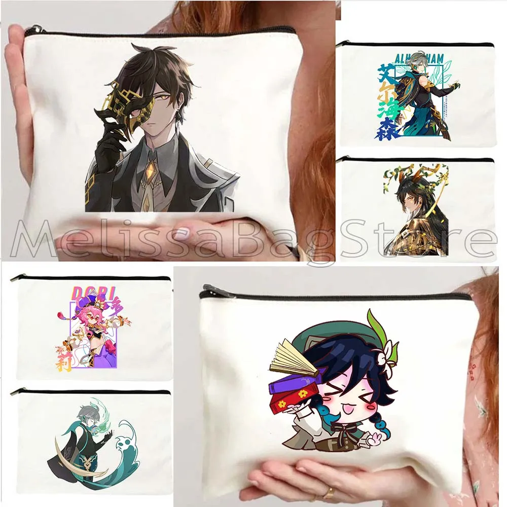 Genshin Impact Anime Gift Kawaii Hu Tao Alhaitham Cyno Venti Zhongli Haikaveh Collei Dori Storage Cosmetic Bag Makeup Case Pouch