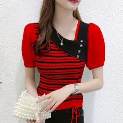 Drawstring Ice Silk Knitwear Short-Sleeved Women 2024 Summer New Striped Bottoming Shirt Diagonal Neck T-Shirt Slim Top Women