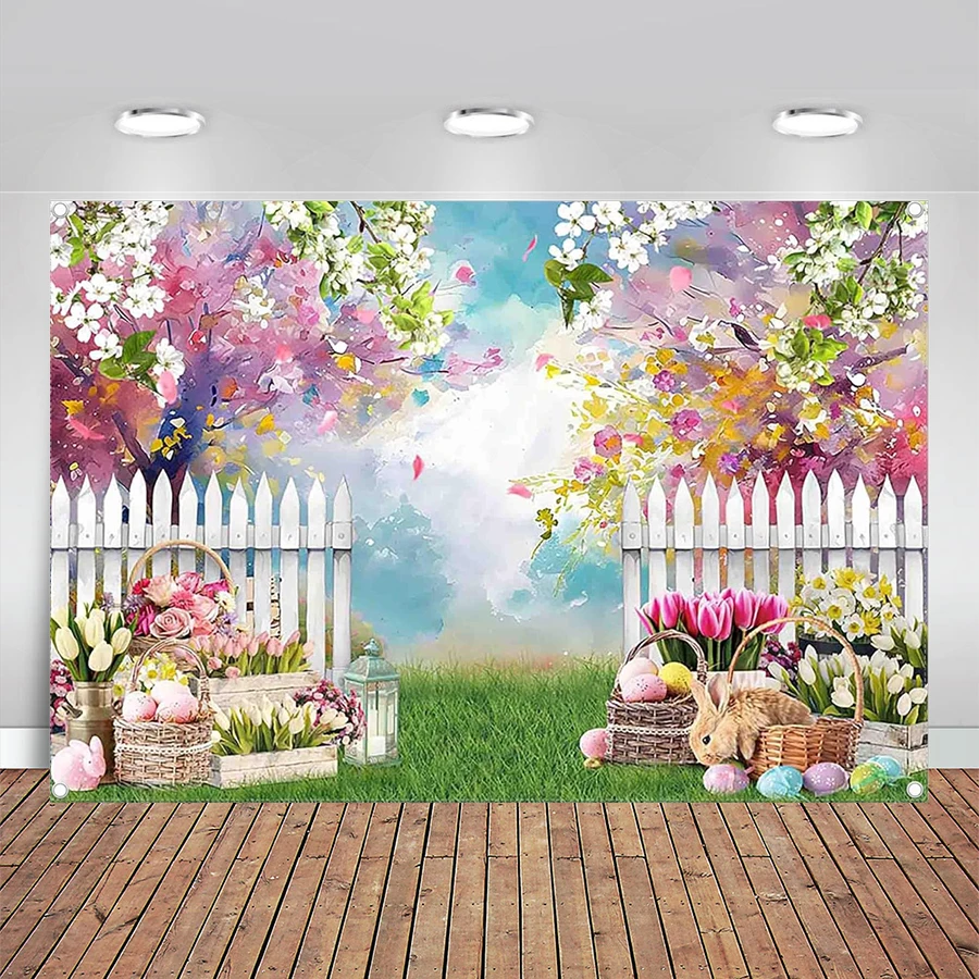 

Easter Photography Backdrop Spring Scenery Abstract Flower Background Eggs Bunny Garden Grass Fence Party Decorations Portait