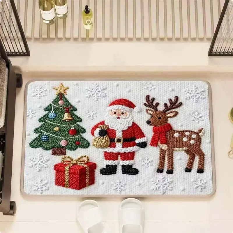 VIKAMA Santa Claus Bathroom Mat Diatomite Non Slip Absorbent Bath Rug Blue Stripe Holly Berry Quick Dry Floor Mat for Shower
