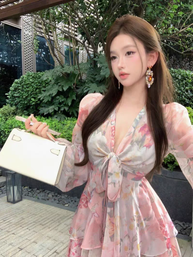 2024 Autumn Flower Chiffon Dress Women\'s V Neck Long Sleeve Floral Print Bandage Mini Flower Dresses Vestido