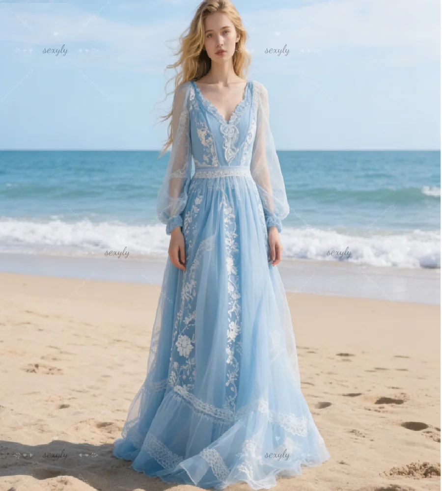 Seaside Fairy Blue Beach Wedding Dress 2026 Bohemian Tulle Long Sleeve Elopement Civil Bridal Gowns White Appliques Lace Mariage
