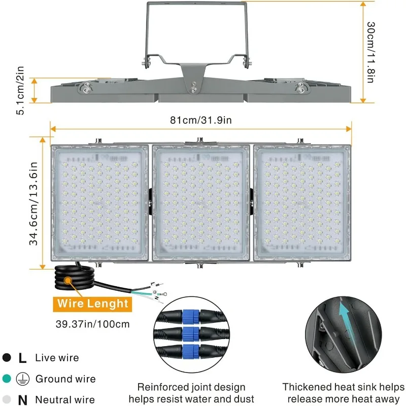 Luz de inundação ao ar livre com cabeças ajustáveis, 330 ° Wide Lighting Angle, 450W, 40500lm, 5000K, 3 cabeças ajustáveis