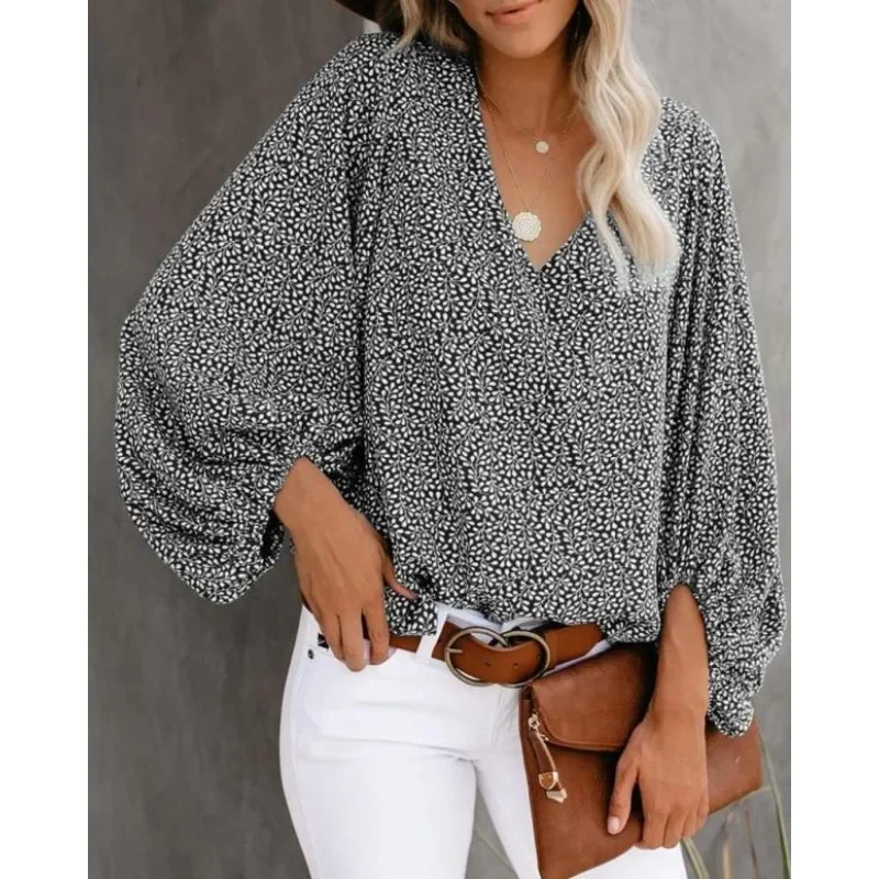 Women Fashion Printed Lantern Long Sleeve Tops Casual Beach Floral Blouse Elegant Leopard Clothes V-neck Pleasure Shirt Blusas