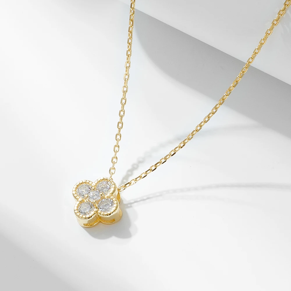 French Bling Four Leaf Clover pendant Necklace 925 Sterling Silver 14k Gold plated CZ Clavicle Chain Fashion jewelry for Women