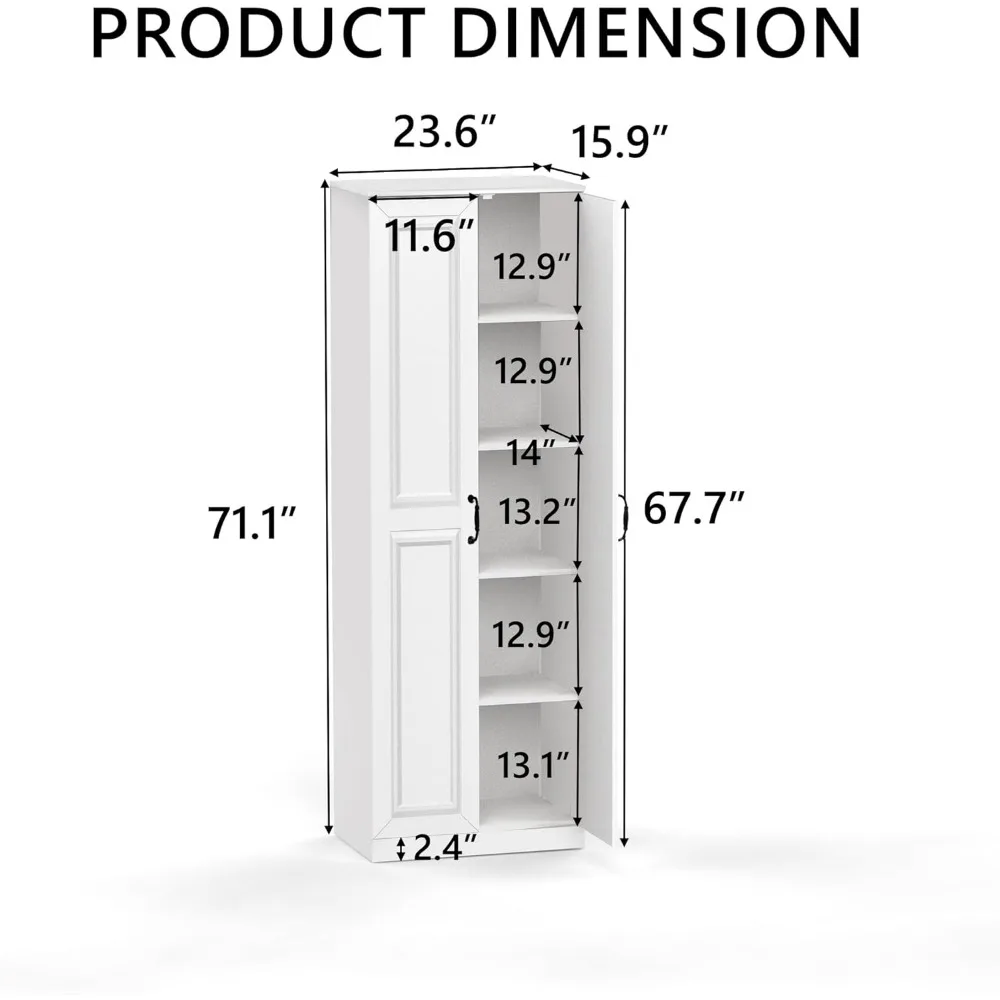 Mueble de almacenamiento/muebles de despensa, acabado blanco suave, armario de madera de 71" de alto con 2 puertas y 3 estantes ajustables para cocina