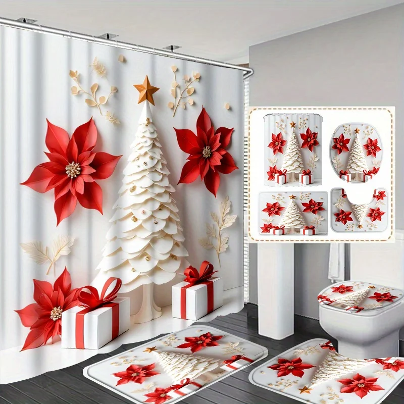 4pcs Christmas Shower Curtain Set 2D Flat Style Festive Decor for Bathroom, Machine Washable Polyester with 12 Hooks