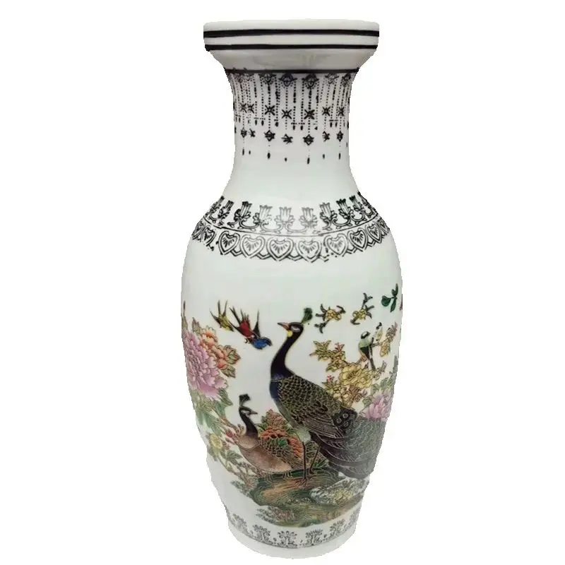 

Traditional Chinese Old Porcelain Vase Pastel Peacock and Peony Pattern Decorative Collectible Artware