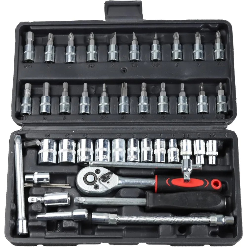 

Набор механических инструментов из 46 предметов, набор торцевых ключей с трещоткой Dr. 1/4 дюйма, удлинитель торцевых ключей, набор метрических механических инструментов для авторемонта