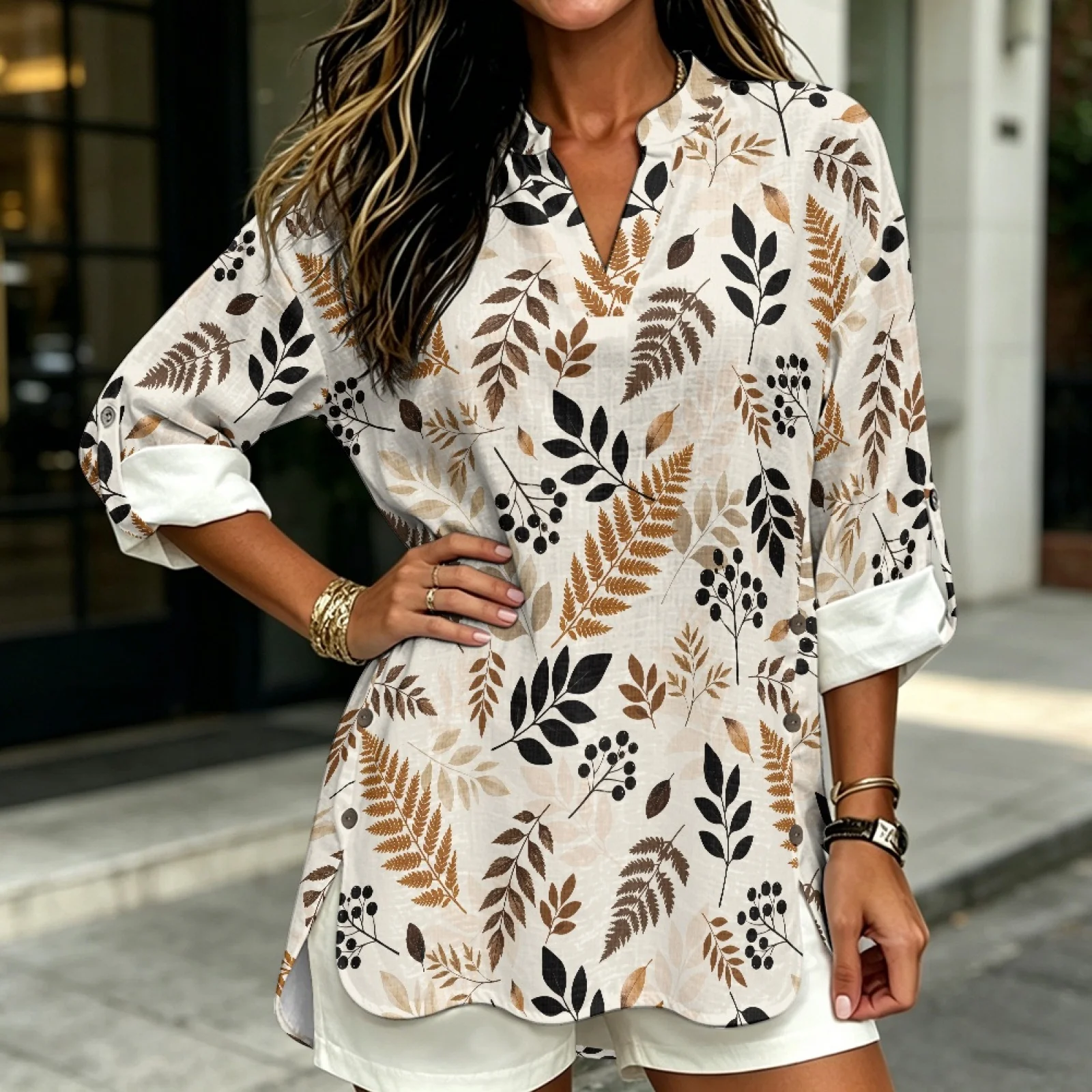 PENSTROLL Autumn Roll-Up Women's Long Sleeve Shirts for Beach Vacation Linen Like Blouse Sizes S-5XL