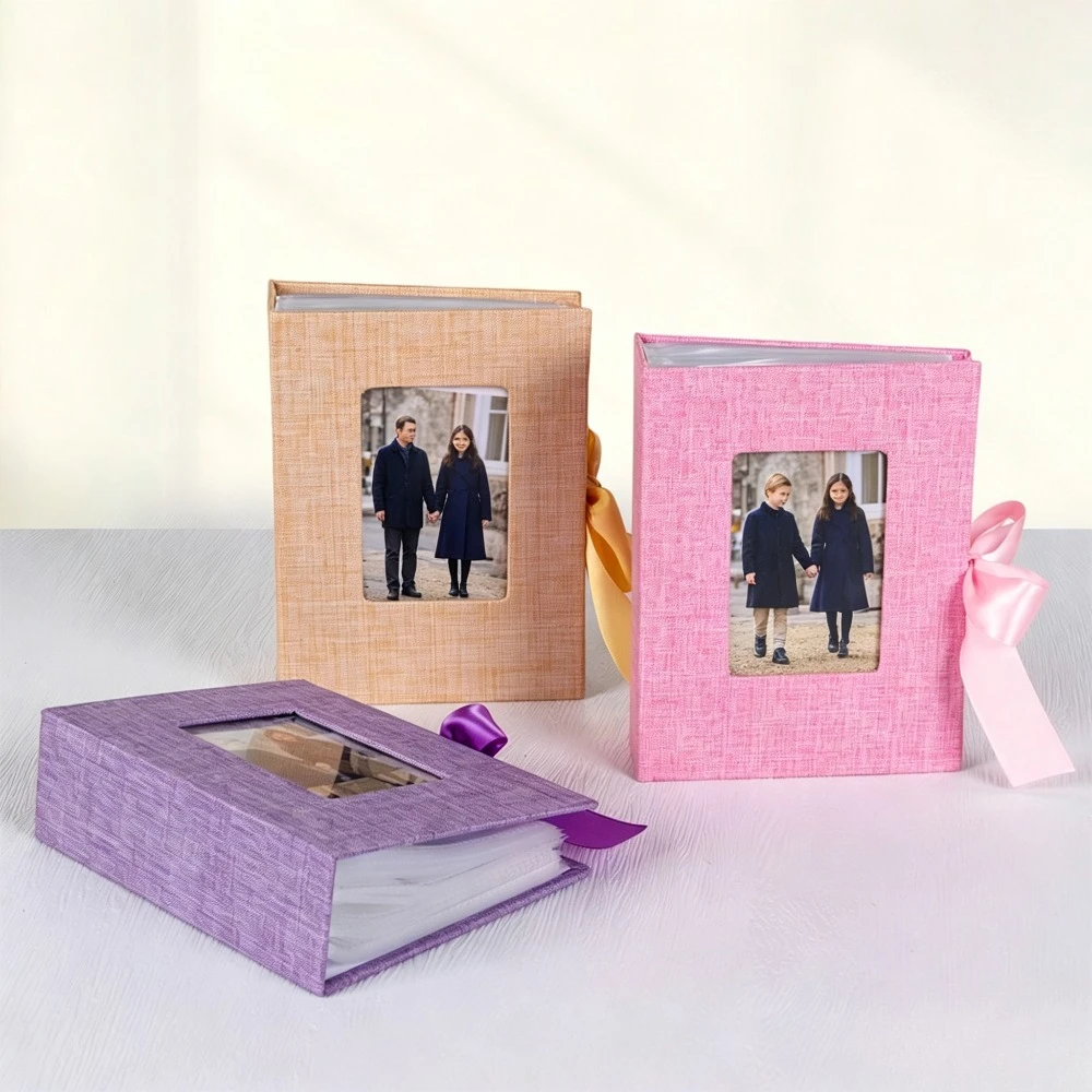 Linen Photo Album for 6 Inch 4R Pictures, 96‑Photo Capacity Slip‑in Picture Book with Ribbon Closure