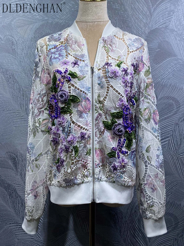 

DLDENGHAN Hollow out Sequins Embroidery Appliques Jacket for Women's O-Neck Long Sleeves High Street Jacket Early Autumn Females
