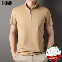 Top Grade 4.7% Mulberry Silk Zipper New Summer Brand Luxury Plain Polo Men Shirt Short Sleeve Casual Tops Fashions Men Clothes