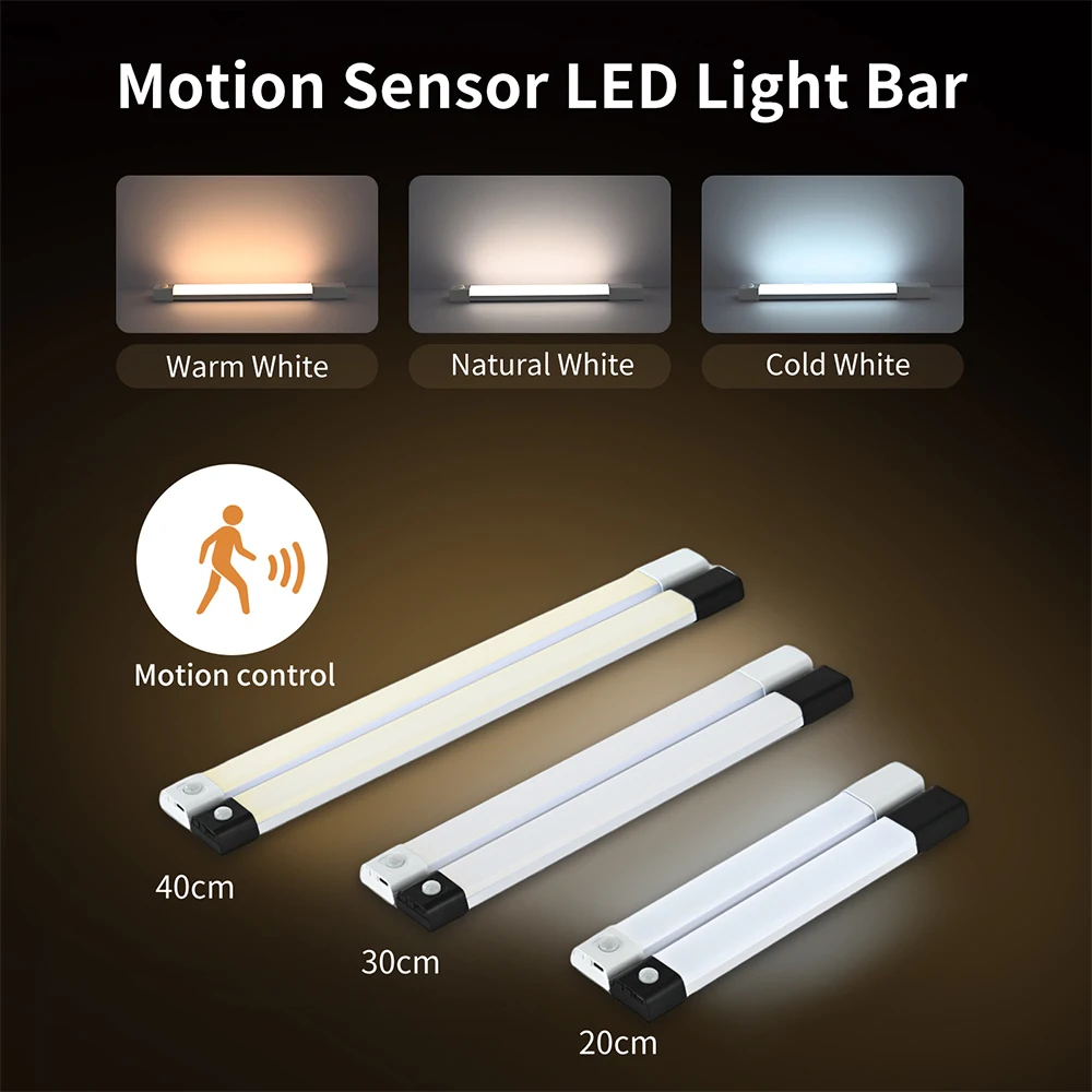 LED Light Bar Motion Sensor Lamp20cm 30cm 3Color Adjustable Led Light Cabinet Light Bar Type C Rechargeable Dimmable Night Mode