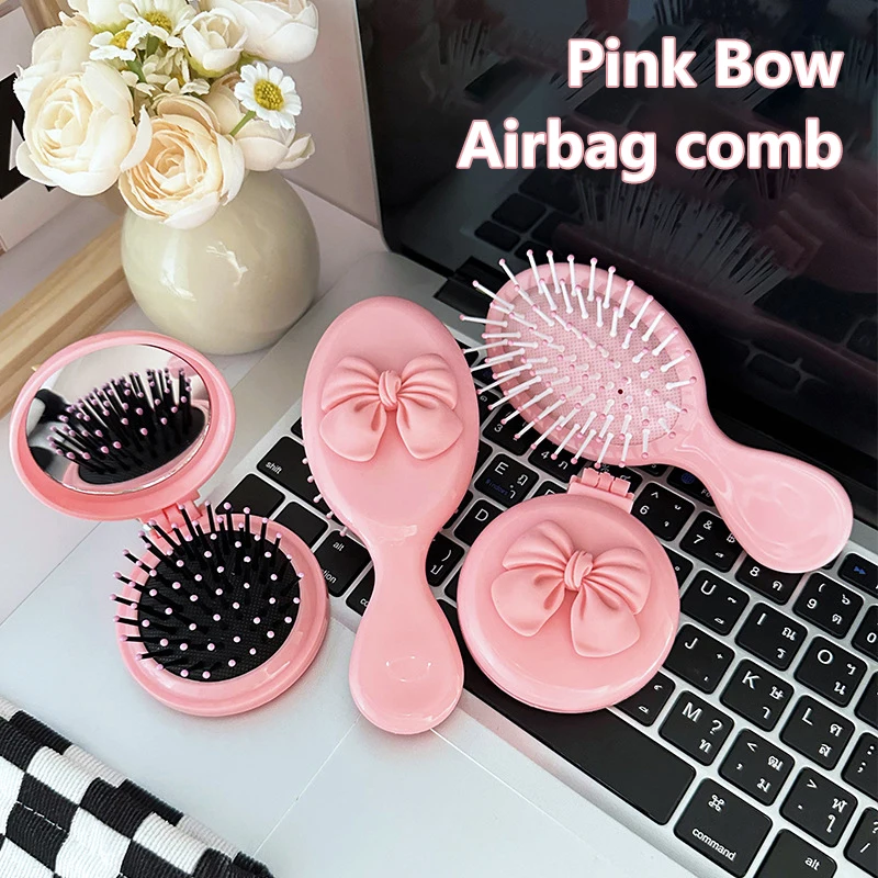 Cute Handheld Folding Massage Comb With Makeup Mirror Travel Portable Plastic Airbag Small Hair Brush Bow Tie Air Cushion Comb