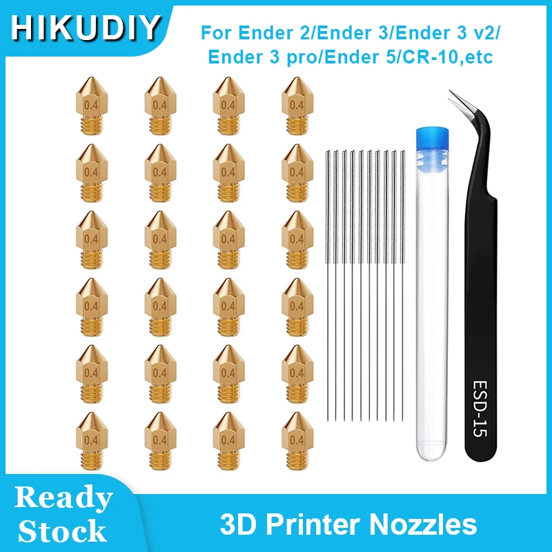 HIKUDIY 24PCS 0.4mm Brass MK8 Nozzle Kits for Ender 2 Ender 3 Ender 3 v2 Ender 3 pro Ender 5 CR-10 3D Printer