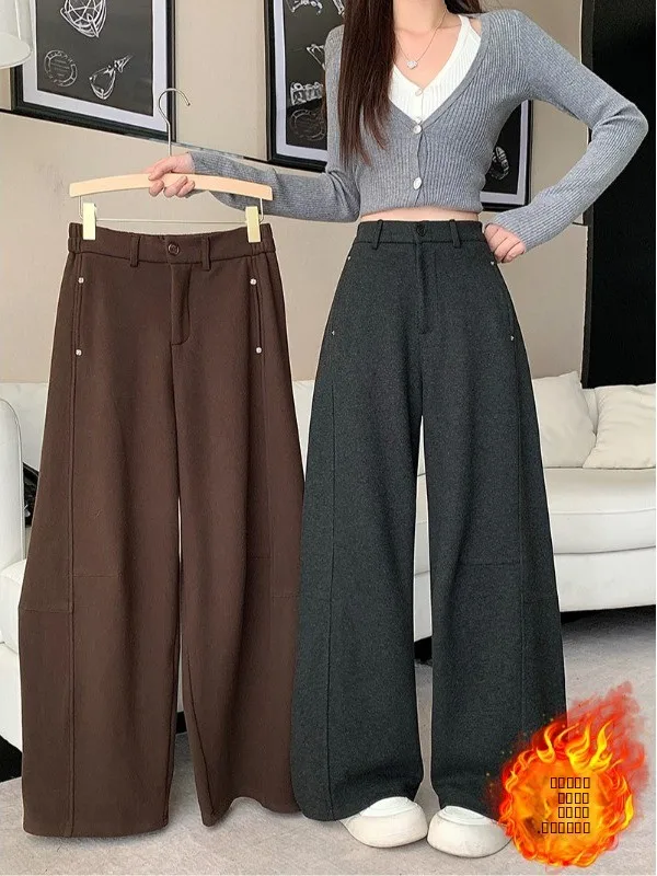 

plus Size Women's High Waist Wide Leg Pants Fleece Lined Thickened Knife Autumn Winter Slimming Trousers Korean Style