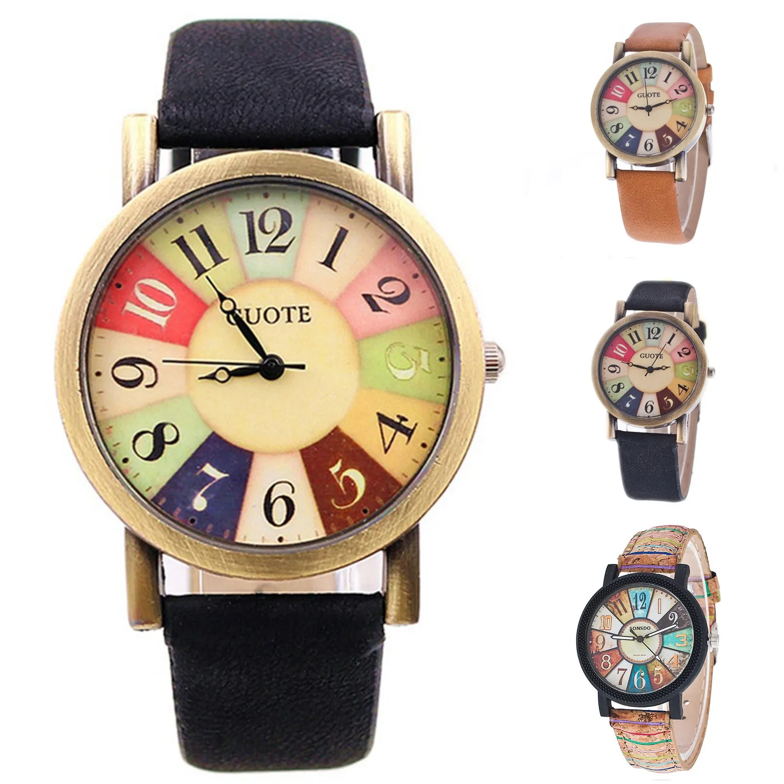 Women'S Quartz Watch Rainbow Color Digital Clock Wood Grain Turntable Top New Famous Retro Casual Leather Strap Student Gift