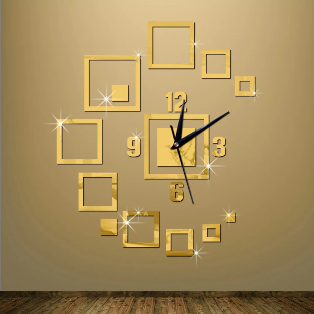 

3D DIY Home Wall Clock Acrylic Mirror Square Watch Fashion Modern Design Sticker Mural Home Decoration