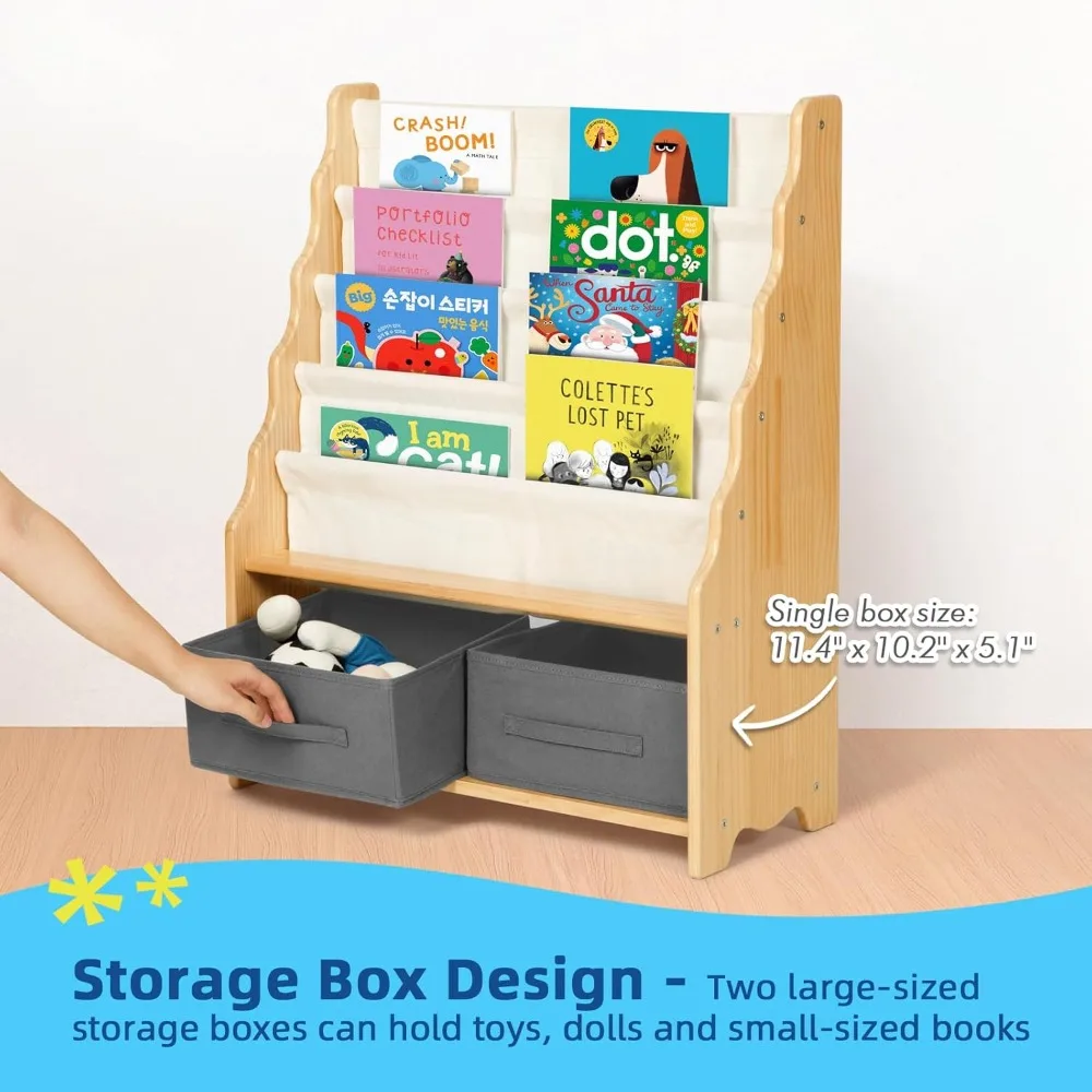 Bibliothèque en bois massif pour enfants, bibliothèque pour tout-petits, équipée de 4 étagères à élingues, 27.6 po L X 11 po W X 34 po H