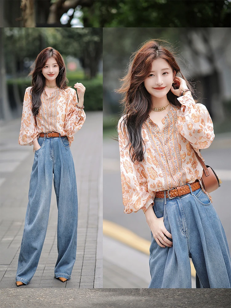 

Новая женская летняя блузка из шифона с цветочным принтом в китайском стиле, тонкая, свободная, с длинным рукавом, стройнящий топ в корейском стиле для повседневной носки