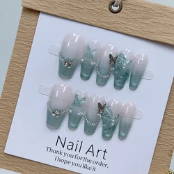 10Pcs Coffin Handmade Press On Nails Refreshing Light Green Gradient with 3D Butterfly Diamond Wearable Artificial Nail Tips Art
