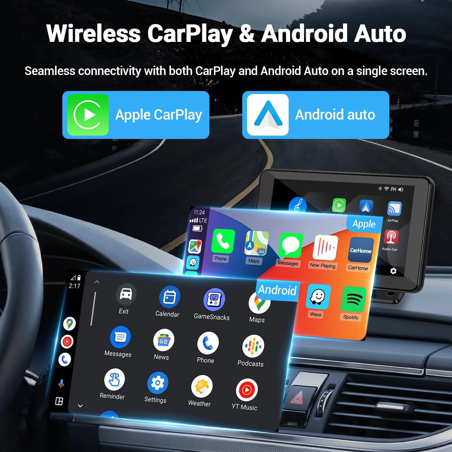 Portable Car Stereo Wireless Carplay Android Auto 7 Inch Touch Screen Car Radio with Bluetooth Hands-Free Mirror Link Maps Navig