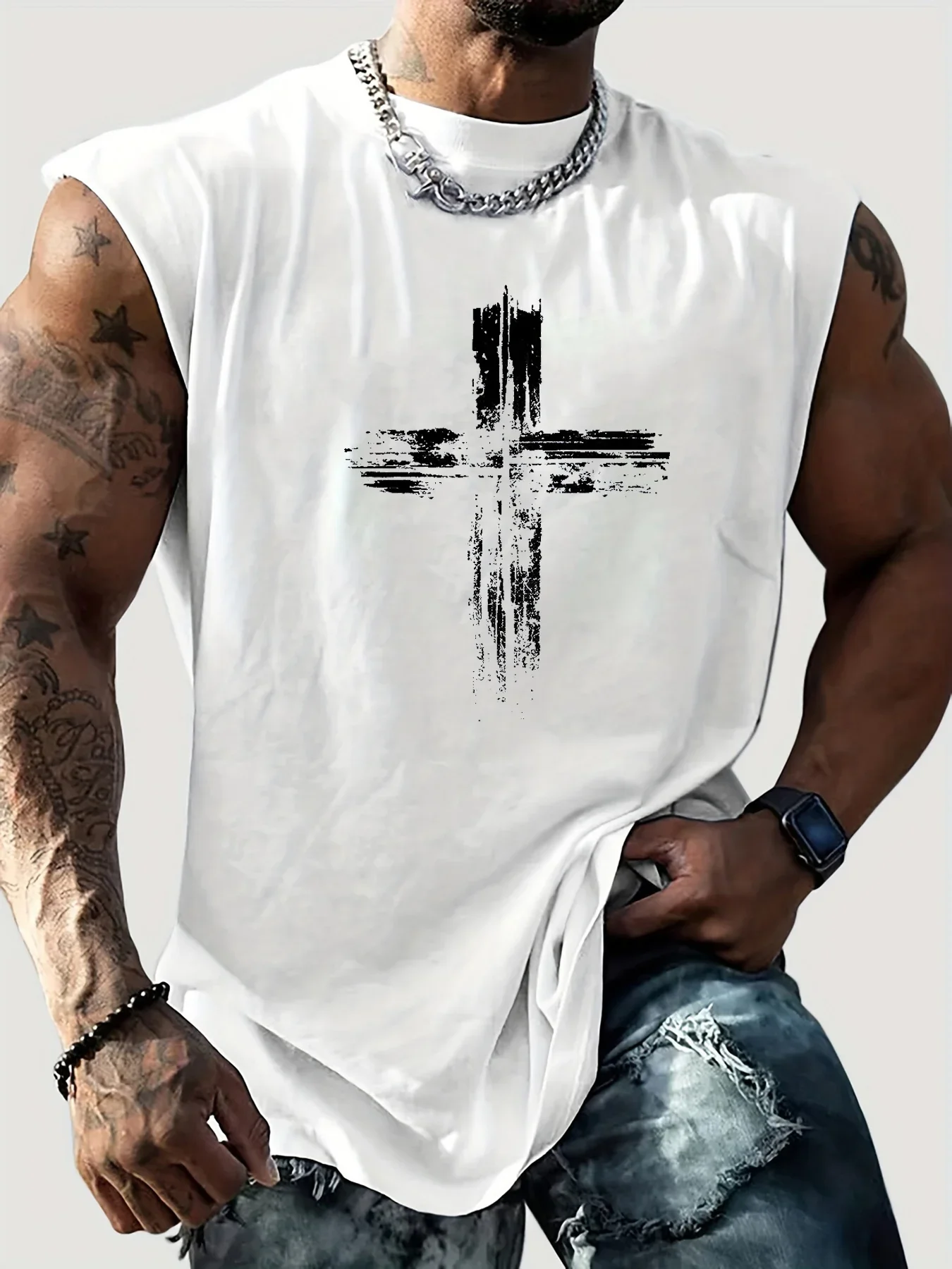 Pop Men's Summer Casual Sports Loose Cross Pattern Print Comfortable And Breathable Round Neck Sleeveless Vest