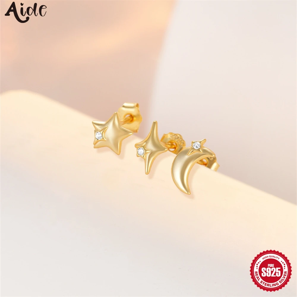 Aide 3PCS Set Multi-size Star Moon Zircon 925 Sterling Silver Stud Earring For Women 18K Gold Ins Piercing Earrings Fine Jewelry