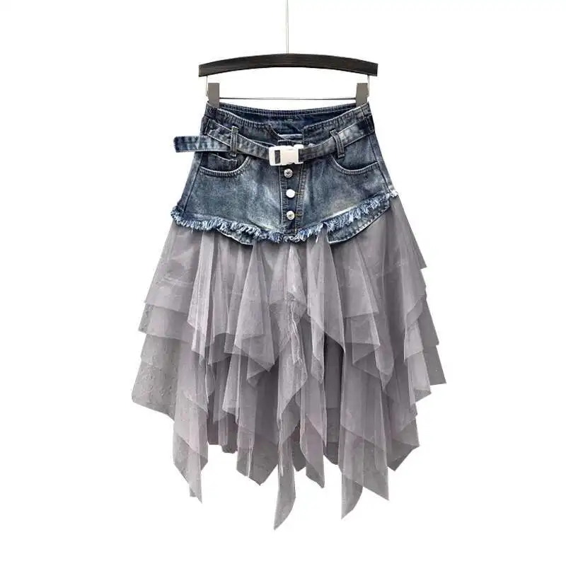 Neue frauen Kleidung Sommer Mesh Montage Hohe Taille Dünne Cowboy Rock Mittlere Und Lange Stile Garn Rock Blau Schwarz